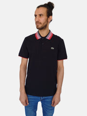 Black Lacoste Men Polo T-shirt Red,White Stripe Collar Design