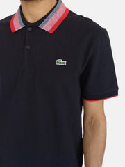 Black Lacoste Men Polo T-shirt Red,White Stripe Collar Design