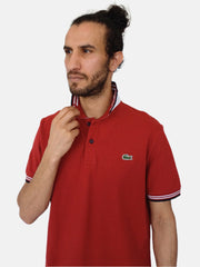 Red Lacoste Men Polo T-shirt Black,White Stripe Collar Design