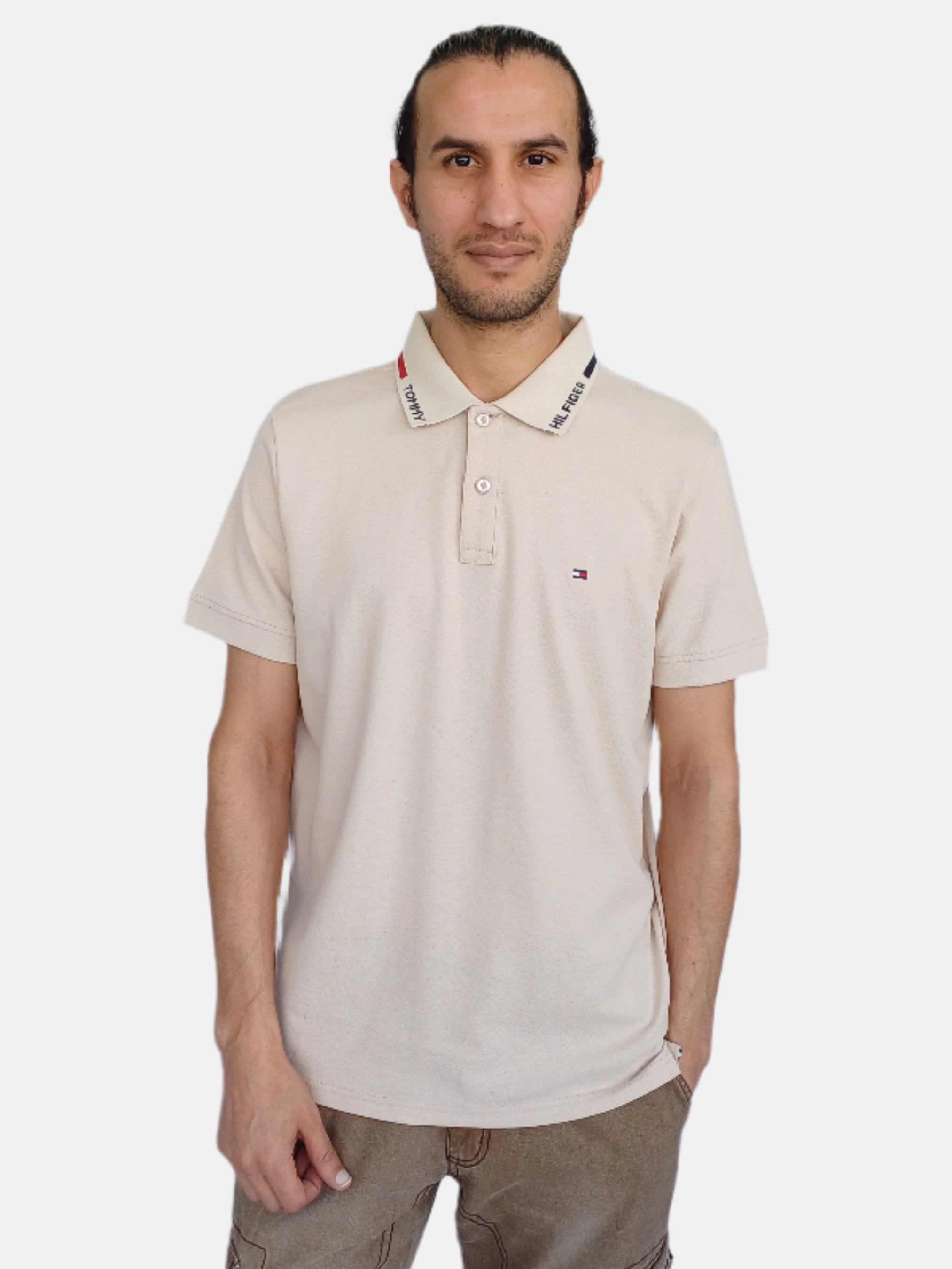 Tommy Hilfiger Men Polo T-shirt Collar Logo Print Detailing Beige